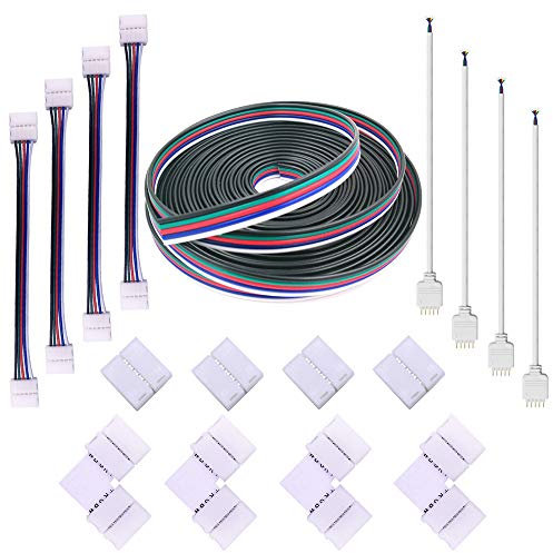 12MM 5PIN RGBW LED Strip Connector Kit with 4PCS Gapless Connectors,5 pin Male Connector Wire Cable,L-Shape Connectors,Strip to Strip Jumpers for 5050 RGBW LED Strip Lights