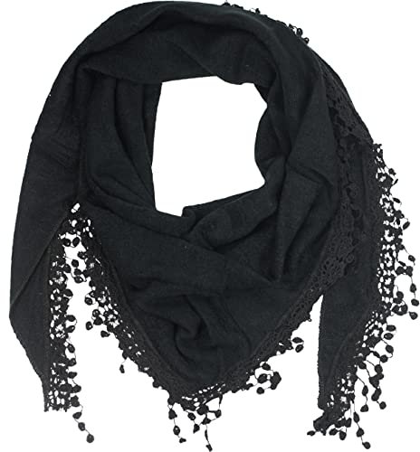 fashionchimp Damenschal mit Zier-Quasten und Muster-Mix Stickerei, Fransen-Schal, Dreieck-Tuch (Strick-Schwarz)