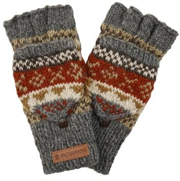 Guantes sin dedos de lana para mujer Mitones de punto a mano Fair Isle multicolor, talla única, hecho a mano, extra cálido, Pachamama Fair Trade, gris, talla única