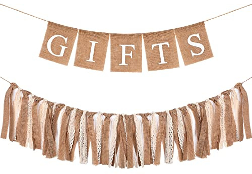 2 Pcs Boho Burlap Banner Baby Shower Decorations Set Include Rustic Gift Banner Decor Bunting Sign Bunting Gifts Sign Burlap Lace Tassel Garland Rag Garland Tie for Party Wedding Bridal Farmhouse