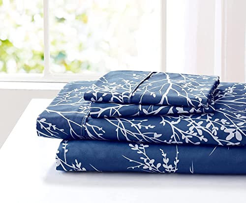 Spirit Linen Full Size Sheets Set - Pure Microfiber 4 Piece Polyester Bed Sheets - Full Size Sheets Set for All Seasons (Foliage Navy/White, Full)