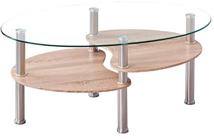 Home Heavenly®- Mesa Centro de Cristal Denise. Mesa Ovalada de Cristal. con revistero. Patas metálicas (Cristal Transparente y Tipo Roble)