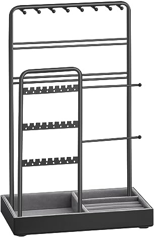 SONGMICS Jewelry Holder, Jewelry Organizer, Jewelry Display Stand with Metal Frame, Velvet Tray, Necklace Earring Bracelet Holder, for Studs, Rings, Gift Idea, Ink Black UJJS021B01