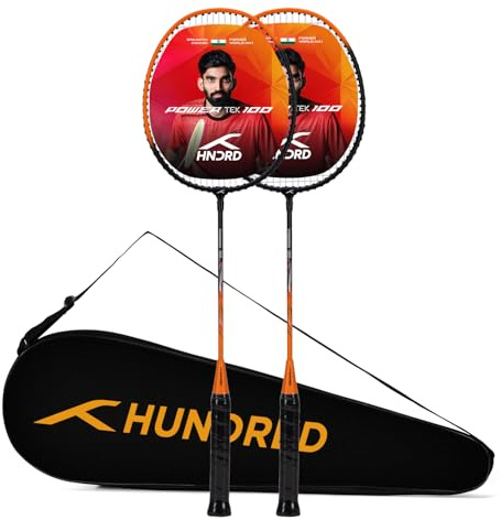 HUNDRED POWERTEK 100 (set di 2) racchetta da badminton con copertura completa (nero/arancione) | Materiale: alluminio | Tensione massima: 16-18 libbre | per giocatore intermedio