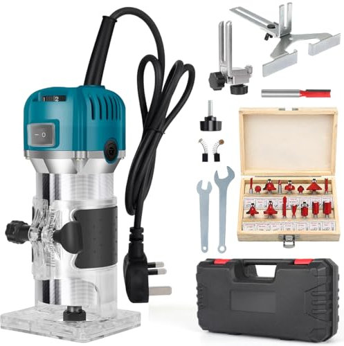 Electric Défonceuse à bois 220 V 800 W + 15 fraises 1/4 avec pince de serrage 6,35 mm, 6 vitesses, accessoires inclus