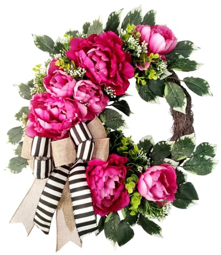 vofuly Spring Summer Wreath for Front Door,hot Pink Peony Wreath with Bow, Valentine Decor,Housewarming Gift, Wedding Door Decoration,Farmhouse Porch decor-20 inch