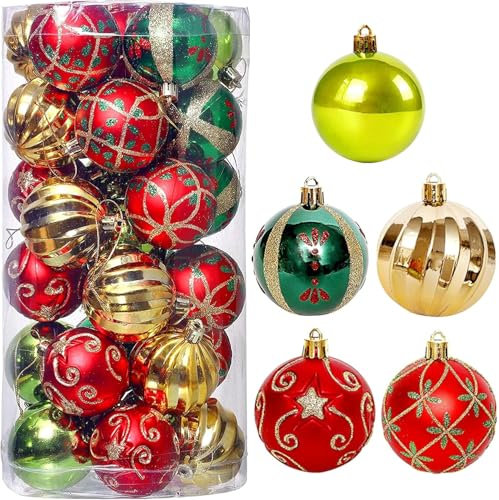 KAHEIGN 30 Pièces Boules de Noël, 6CM Doré Rouge Vert Ornaments de Boules de Noël Boule à Suspendre Incassables pour Sapin de Noël Vacances Maison Noël Fête Décoration (6 Styles)