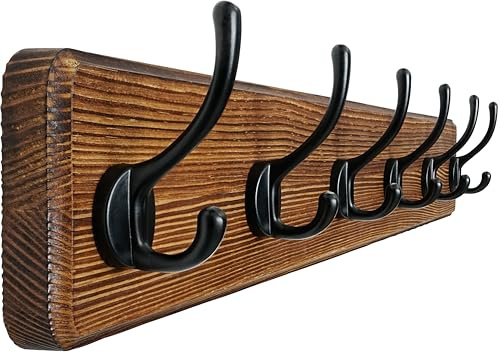 Dseap Coat Rack Wall: 24 Long, Patented, Heavy-Duty, 6-Double-Hooks Wooden Wall Mounted Coat Rack Coat Hanger Hook Rail for Winter Coats Hat Jacket Clothing, Natural & Black
