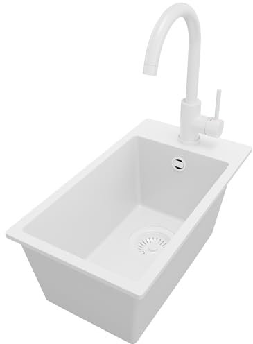 PRIMAGRAN Lavandino da Cucina Tutto Bianco 28x50cm, Lavello in Granito a 1 vasca + Rubinetto 32x20cm + Sifone Classico, Lavabo Incasso al mobile 30cm - Riga S063