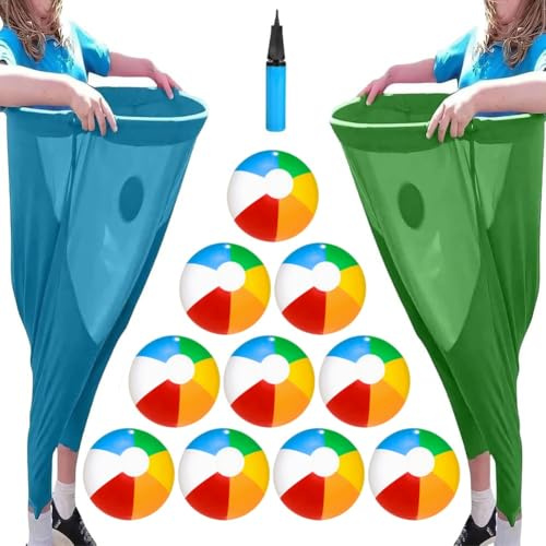 Granny Pants Outdoor Game, Granny Pants Yard Game – Hilarious Inflatable Ball Relay Set with Giant Stretchy Pants, 5/10/20 Balls and 1/2 Pump for Kids, Adults, Backyard Parties and Field Day(Blue+Gree