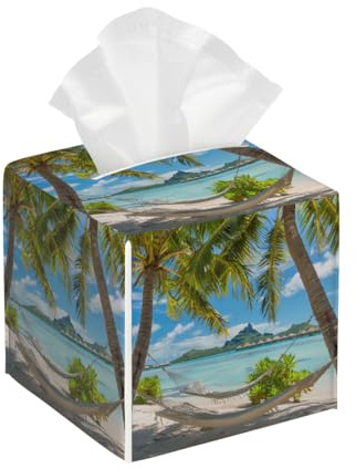 Tissue Box Cover Square Leather, Ocean Beach Palm Trees Tropical Island Seaside Tissue Holder Facial Paper Organizer Dispenser for Tabletop Bathroom Tabletop Car
