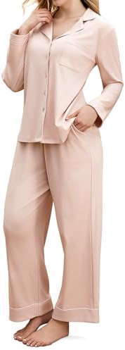 Momcozy Postpartum Nursing Pajama Set for Women 2 Piece, Long Sleeve V Neck Button Down Cotton Maternity Lounge Pjs Pink