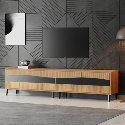 Mobile per TV, 180 x 40 x 50 cm, colore legno + supporto per TV a giuntura nero, con 4 armadi, mobile soggiorno con 8 gambe di supporto, portata consigliata 30 kg, design simmetrico, basso