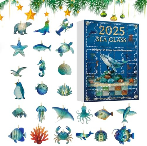 Ocean Christmas Countdown - jul adventskalender, 2D akrylprydnad, 24 dagars nedräkningsplanerare för inlärningsutveckling, roliga aktiviteter