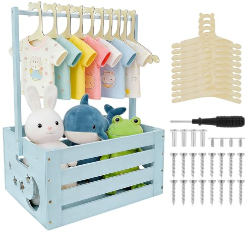 WDKXCN Baby Shower Crate Closet with 10 Hangers, Wooden Baby Hamper Basket Gift Set, Wooden Crate Hamper, Baby Shower Basket for Newborn Pregnancy New Parent Gifts (Blue)