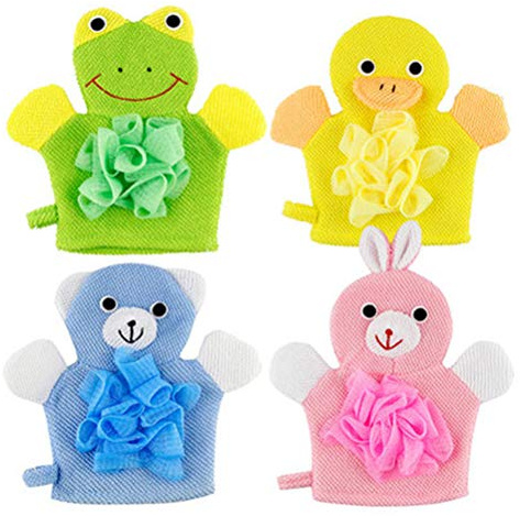 HEALLILY Lot de 4 gants de bain exfoliants pour le corps, gants de douche doux style dessin animé avec canard jaune, grenouille verte, lapin rose, ours bleu