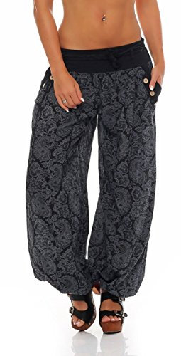Malito – Haremshose Damen Orient Print aus Baumwolle – Leichte Stoffhose mit elastischem Bund – Bequeme Hippie Hose Damen für Strand & Alltag – Aladinhose für Frauen 3488 (Schwarz)