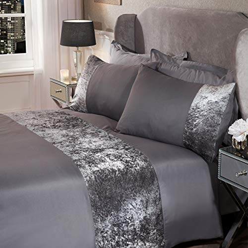 Sienna Single Bedding Set, Ultra Soft Warm Luxurious Crushed Velvet Band Design Bedding Stylish Silver Grey Single Quilt Cover Set with Matching Pillowcase