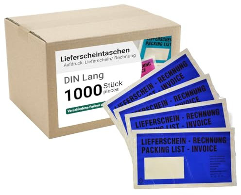 dm-folien Lieferscheintaschen DIN LANG I 1000 Stück I Selbstklebende Versandtaschen mit Aufdruck I Blau-transparentes Paketzubehör für Lieferscheine & Rechnungen I Versandzubehör aus PP