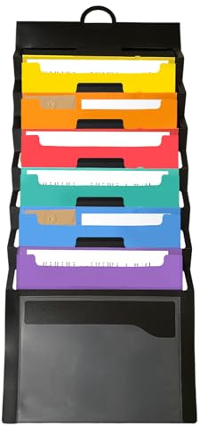 Janrax A4 6 Pocket Cascading Wall Organiser – Colour Coded Hanging File Folder with Retractable Handle, Durable PVC, Ideal for Home and Office Use
