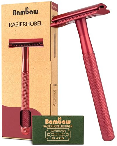 Bambaw Metall Rasierer mit 5 Rasierklingen für Rasierhobel Damen und Herren | Nassrasierer Herren und Damen | Rasierer Plastikfrei | Metall Rasierer Nachhaltig | Safety Razor | Rot