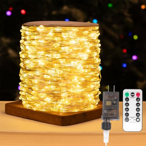 ZELUXDOT Fairy Lights Plug in,200FT 600LEDs Waterproof Led String Lights,8 Modes Remote Twinkle Light for Outdoor Indoor Christmas Wedding Birthday Garden Party Decorations,Silver Wire,Warm White