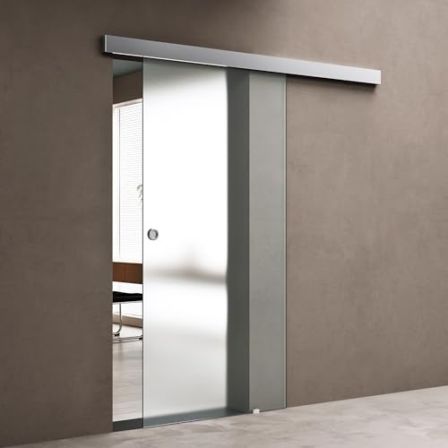 doporro Porta Scorrevole in Cristallo Temperato 90x215 cm con Binario Esterno Muro e Ammortizzatore, Porta Vetro Satinato 8 mm, Porta Interna Scorrevole per Bagno Cucina Ufficio Studio
