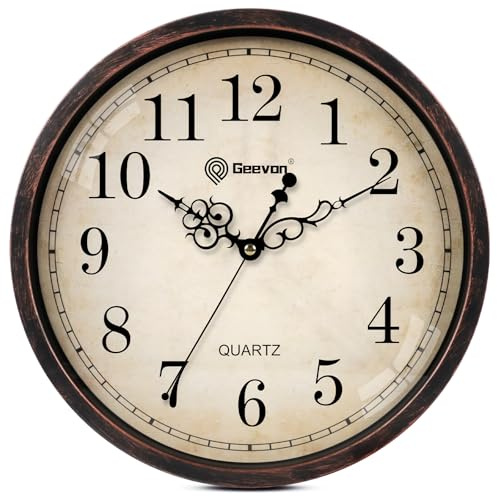 Geevon Horloge Murale Vintage silencieuse, Horloge Murale analogique à Quartz décorative à Piles pour Chambre à Coucher, Salon, Cuisine, Bureau (Rétro Marron foncé, 30 cm)