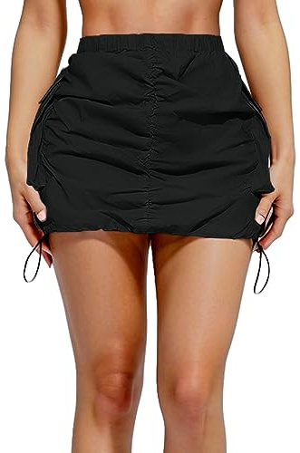 Womens Cargo Skirt Y2K - Casual Summer High Waisted Bodycon Pencil Ruched Mini Skirts Side Drawstring and Pockets Black S