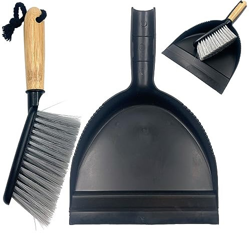 Dustpan and Brush Set with Bamboo Handle - Portable Brush and Dustpan Set with Rubber Lip - Perfect for Cleaning Kitchen, Office, Bathroom, Living Room, Garage, etc