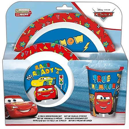 P:os 33711088 Cars - Juego de desayuno de 3 piezas con plato, cuenco y vaso, vajilla infantil de plástico, apto para lavavajillas y microondas