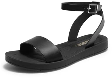 DREAM PAIRS Women’s One Band Ankle Strap Buckle Flat Sandals,Size 8,All Black-Pu,ELENA-5