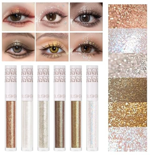 Eye Glitter Liquid Eyeshadow Eyeliner Set(6Pcs), Glittery Korean Makeup Bling Under Eye Shadows, Shimmer Tear Drop Eye Make Up Gift Kit, Quick-Dry, Long-Lasting Loose Glitter Glue for Crystal Makeup