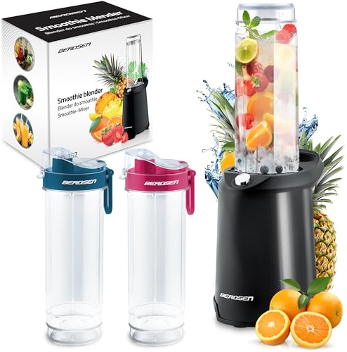 Berdsen - Becher-Mixer - Smoothie Maker To Go - mit 2 Trinkflaschen/Mixbehältern mit Deckel - für Coctails, Milchshakes - Shaker, Standmixer - Entsafter - Elektrisch - 350 W - 2 x 0,57L - Schwarz