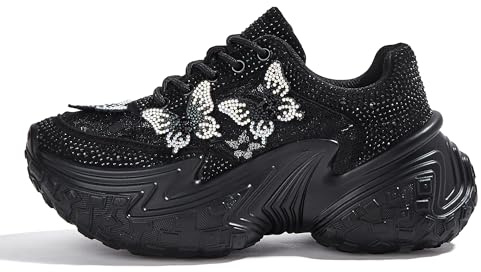 LUCKY STEP Women's Chunky Sneakers Platform Fashion Rhinestone Sparkly Dad Walking Shoes Butterfly Lace Wedge Casual Shiny Thick Sole Footwear(Black,6)