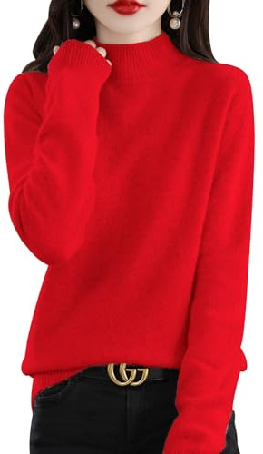 Yutdeng Cashmere Jumpers Sweaters for Women UK Ladies Turtle Neck Tops Long Sleeve Soft Warm Pullover Knitted Jumper Thick Loose Casual Tops for Autumn Winter,Red,L