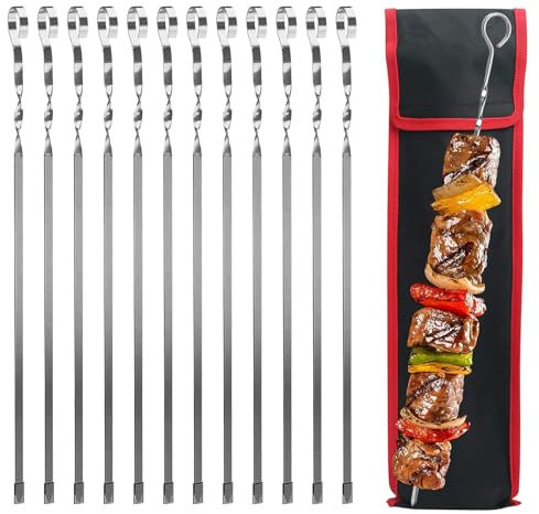 Schaschlikspieße Edelstahl Grillspieße Grill Spieße Lang Fleischspieße Flache Barbecue Skewers Flache Grillspieße für Grillwurst mit Nylontasche für Grillen 36cm 12 stück