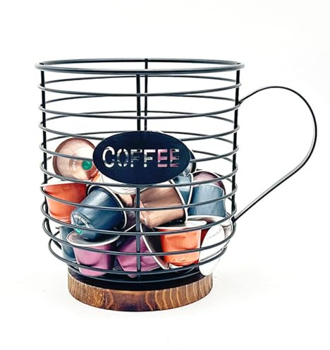 Coffee Pod Holder,Coffee Pod Holders for Counter, Coffee Bar Accessories, Coffee Table Organiser, Large Capacity Black Wire Kup Storage with Wooden Base, Kitchen Countertop,Coffee Bar,Office (black)