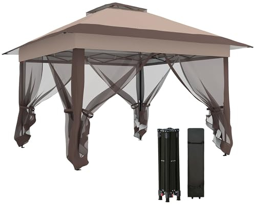 Outsunny 3.6 x 3.6 m Pop up Gazebo with Netting and Wheeled Carry Bag, UPF50+ Height Adjustable Party Tent Instant Canopy Sun Shade Shelter, Khaki