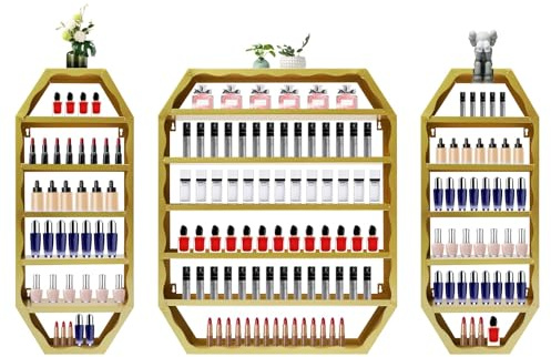 panfudongk Estantería de pared para esmalte de uñas, estantería de metal para guardar esmalte de uñas, estantería cosmética de pared, 3 unidades de 60 cm y 72 cm para el hogar salón de uñas (dorado)