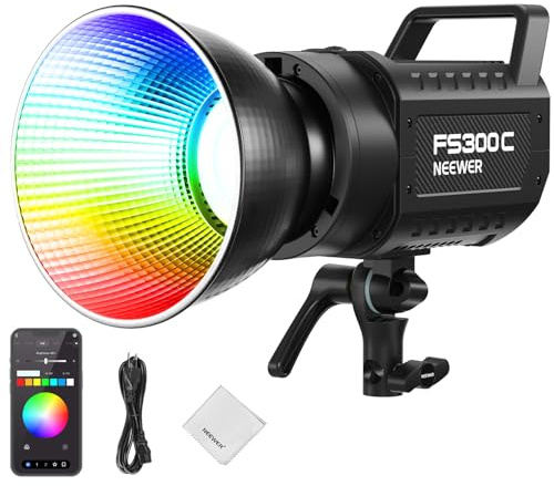 NEEWER 300W Luz Video LED RGB con App/2,4G Control, 17 Efectos 2500-7500K 29000lux/1m COB luz Continua con paño de Limpieza, CRI95+, Montura Bowens para Fotografía Estudio y Grabación Video, FS300C