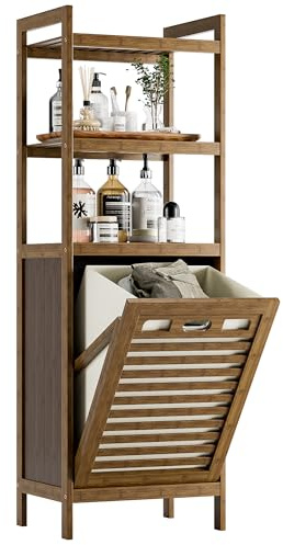 HITNET Bamboo Tilt Out Laundry Hamper, Bathroom Storage Cabinet with Hidden Removable Basket and 3 Open Shelves, Space Saving Bamboo Storage for Clothes, Towels and Toys, Walnut