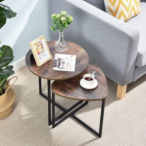 Warmiehomy Nest of Tables Set of 2 Round Coffee Table with Black Metal Frame Small Side End Tables Tea Table for Living Room Bedroom Office Small Space (Brown,45x48cm)