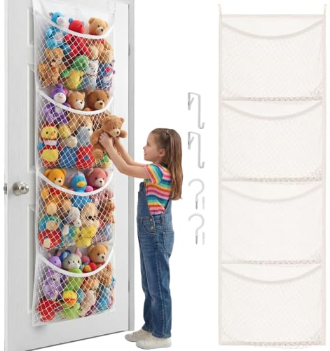 Over The Door Stuffed Animal Organiser, Cotton Toy Storage Holder with 4 Large Pockets, Hanging Door Organiser for Nursery, Bedroom, Kids’ Room, Soft Toy Storage for Children & Baby Items -White