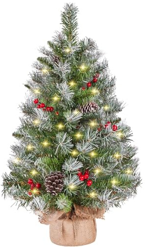 Yaheetech Mini Albero di Natale Artificiale da 92 cm Piccolo Albero Innevato con 50 Luci a LED 70 Bacche Rosse e 10 Pigne Ideale per Decorazioni Interni