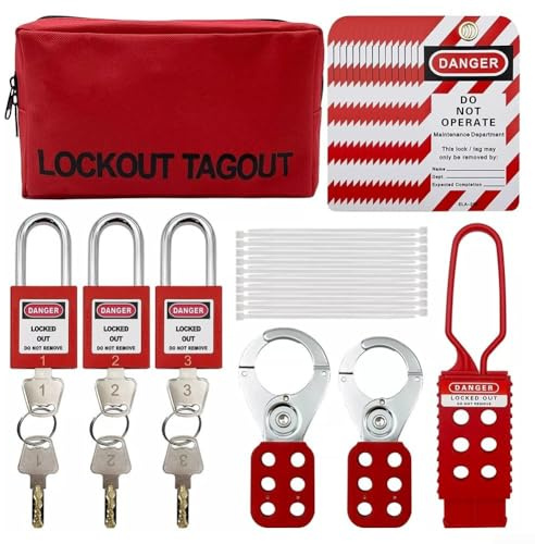 Lockout Tagout Kit, Industrial Safety Locking Systems with 3 Padlocks 15 Tags 2 Locking Clips for Electrical Switches Valves Machinery