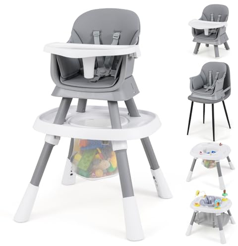 COSTWAY 16 en 1 Chaise Haute Bébé Evolutive, Plateau Réglable à 3 Niveaux, Table de Construction, Chaise Haute Bebe, Harnais à 5 Points, Siège Pivotant à 360°, 3 Jouets, pour 6-36 Mois (Gris)