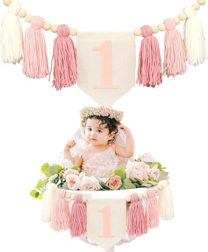 1st Birthday Decorations High Chair Banner Wood Bead Highchair Tassel Garland First Birthdays Highchair Banner For Baby Girls First Birthday Party Decorations Photo Props (One Pink B)