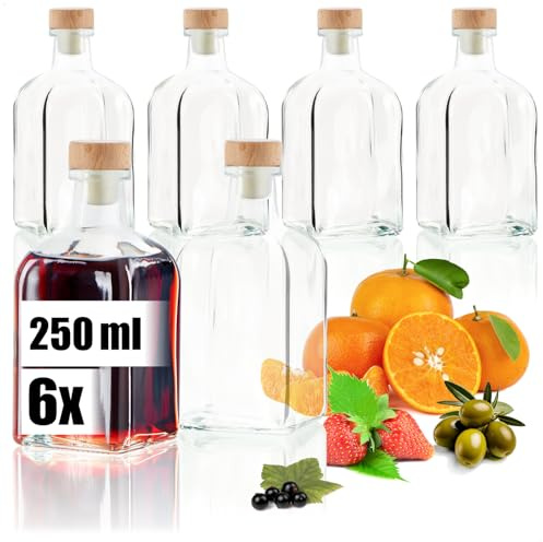 Robin Goods® 6x Glasflaskor 250 ml med Kork, Tomma Behållare för Påfyllning med Olja, Vinäger eller Sprit