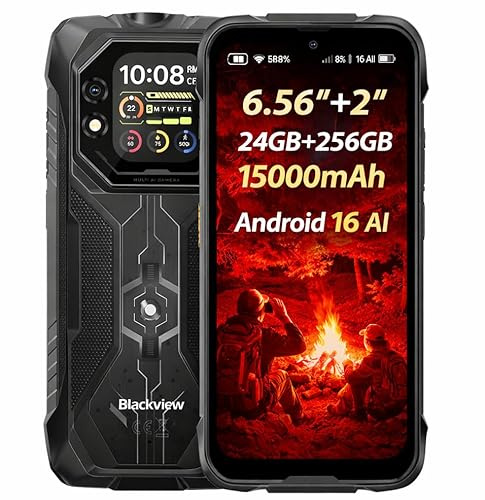 Blackview Rock 1 Smartphone Incassable Android 16, Double Écran 6.56'' +2'', Batterie 15000mAh, 24GB+256GB, LED 120LM, Caméra Vision Nocturne 20MP, Téléphone Robuste Étanche IP68, Gemini AI, NFC GPS